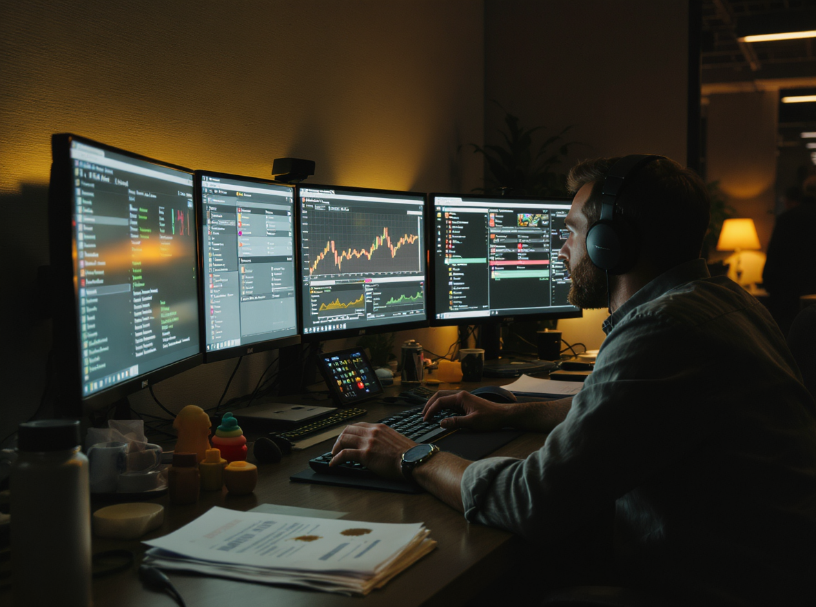 Programmatic trader at a multi-monitor trading workstation inside a US sell-side DSP office.