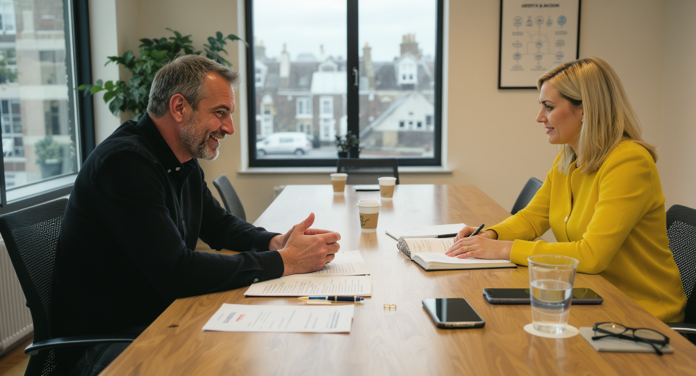 A senior hiring lead and a Yellow & Bloom recruiter in mid-brief inside a UK agency meeting room.