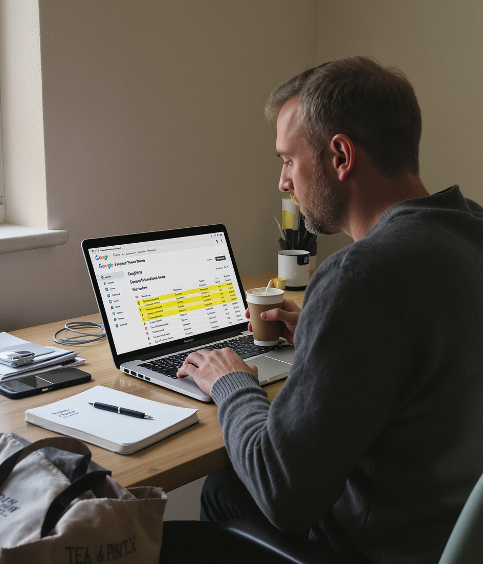 A Head of Performance reviewing a Google Ads Search Terms report at his desk.