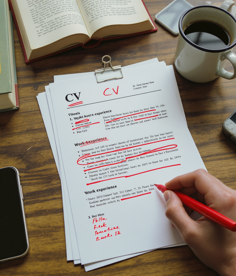 A printed CV marked up in red biro on a wooden desk.