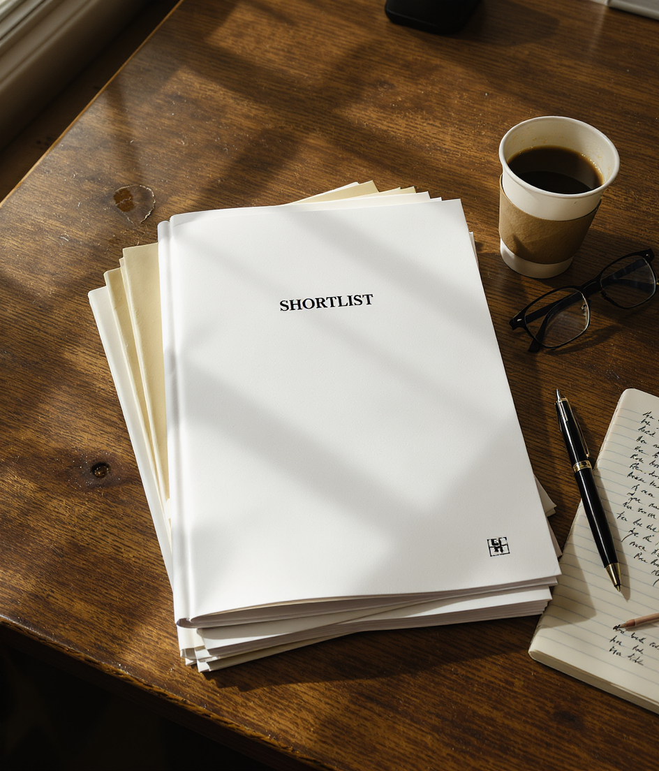 A stack of bound shortlist documents on a worn wooden desk, photographed in late-afternoon light.