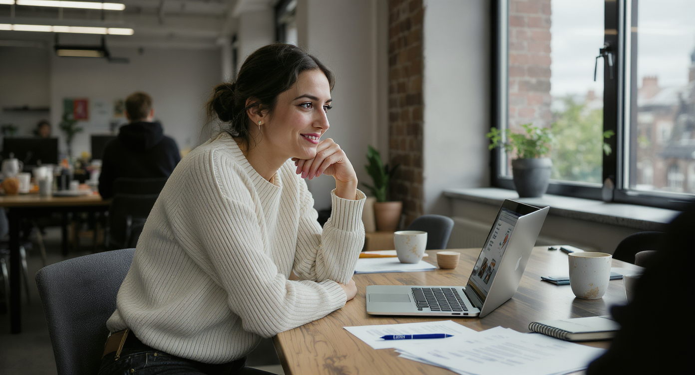 A senior media practitioner at her workstation inside a London independent advertising agency.