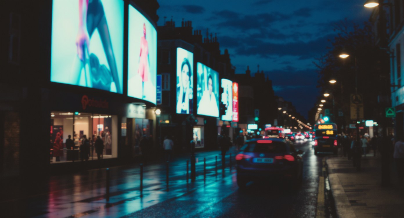 A London street at dusk lined with illuminated out-of-home advertising billboards.