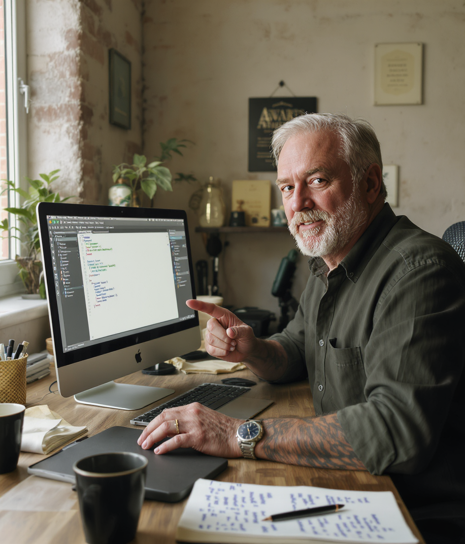 A senior creative practitioner working with AI tooling open on screen inside a small UK creative agency studio.